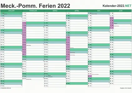 Vorschau EXCEL-Halbjahreskalender 2022 mit den Ferien Meck-Pomm