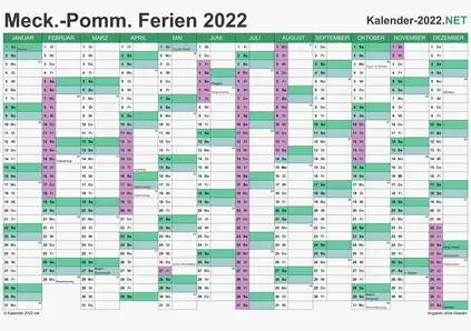 Vorschau EXCEL-Kalender 2022 mit den Ferien Meck-Pomm