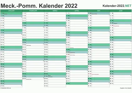 Vorschau Halbjahreskalender 2022 für EXCEL Meck-Pomm