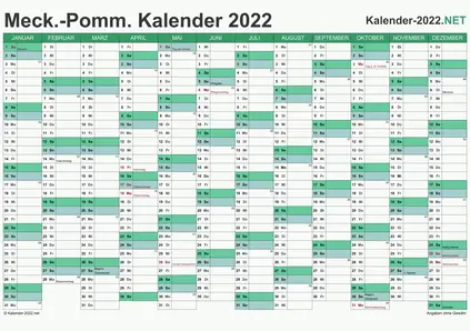 Vorschau Kalender 2022 für EXCEL mit Feiertagen Meck-Pomm
