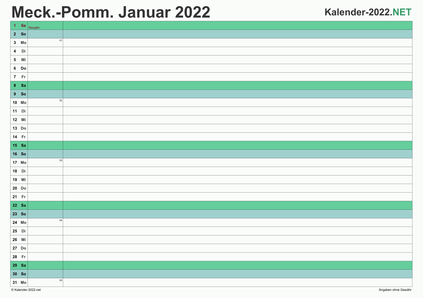 Vorschau Monatskalender 2022 für EXCEL Meck-Pomm