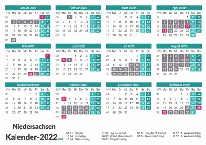 Ferien 2022 + Feiertage zum Ausdrucken - Niedersachsen Vorschau