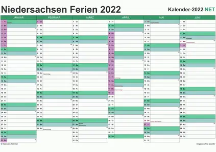 Vorschau EXCEL-Halbjahreskalender 2022 mit den Ferien Niedersachsen