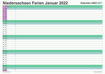 Vorschau EXCEL-Monatskalender 2022 mit den Ferien Niedersachsen