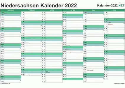 Vorschau Halbjahreskalender 2022 für EXCEL Niedersachsen
