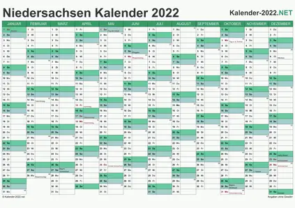 Vorschau Kalender 2022 für EXCEL mit Feiertagen Niedersachsen