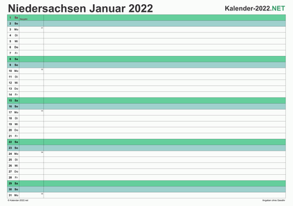 Vorschau Monatskalender 2022 für EXCEL Niedersachsen