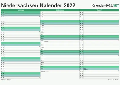 Vorschau Quartalskalender 2022 für EXCEL Niedersachsen