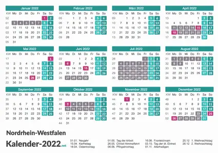 Ferien 2022 + Feiertage zum Ausdrucken - Nordrhein-Westfalen Vorschau