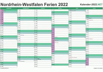 Vorschau EXCEL-Halbjahreskalender 2022 mit den Ferien Nordrhein-Westfalen