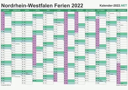 Vorschau EXCEL-Kalender 2022 mit den Ferien Nordrhein-Westfalen