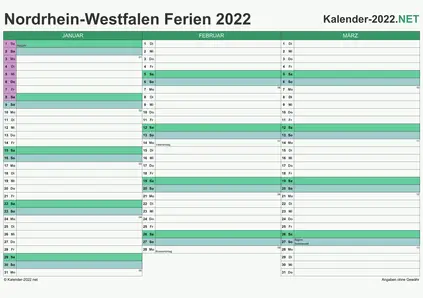 Vorschau EXCEL-Quartalskalender 2022 mit den Ferien Nordrhein-Westfalen