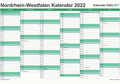 Vorschau Halbjahreskalender 2022 für EXCEL Nordrhein-Westfalen