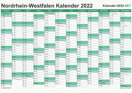 Vorschau Kalender 2022 für EXCEL mit Feiertagen Nordrhein-Westfalen
