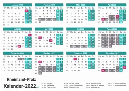 Ferien 2022 + Feiertage zum Ausdrucken - Rheinland-Pfalz Vorschau
