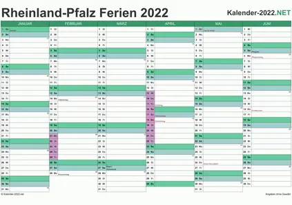 Vorschau EXCEL-Halbjahreskalender 2022 mit den Ferien Rheinland-Pfalz