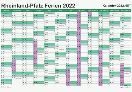 Vorschau EXCEL-Kalender 2022 mit den Ferien Rheinland-Pfalz