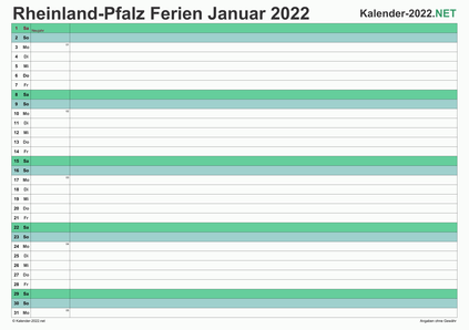Vorschau EXCEL-Monatskalender 2022 mit den Ferien Rheinland-Pfalz