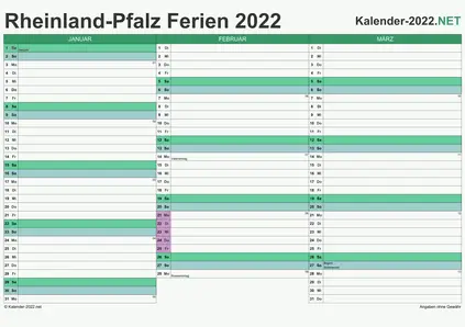 Vorschau EXCEL-Quartalskalender 2022 mit den Ferien Rheinland-Pfalz