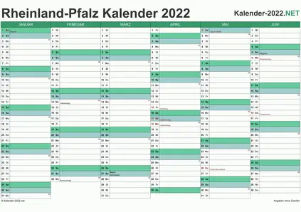Vorschau Halbjahreskalender 2022 für EXCEL Rheinland-Pfalz