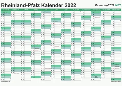 Vorschau Kalender 2022 für EXCEL mit Feiertagen Rheinland-Pfalz