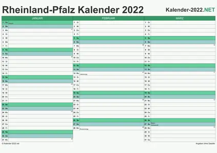 Vorschau Quartalskalender 2022 für EXCEL Rheinland-Pfalz