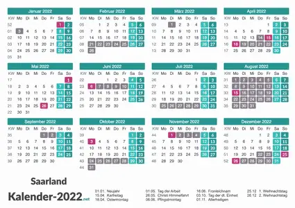 Ferien 2022 + Feiertage zum Ausdrucken - Saarland Vorschau