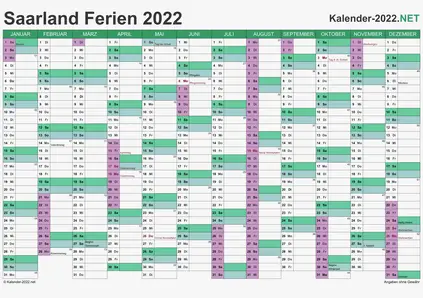 Vorschau EXCEL-Kalender 2022 mit den Ferien Saarland