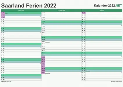 Vorschau EXCEL-Quartalskalender 2022 mit den Ferien Saarland