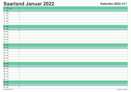 Vorschau Monatskalender 2022 für EXCEL Saarland