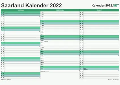 Vorschau Quartalskalender 2022 für EXCEL Saarland