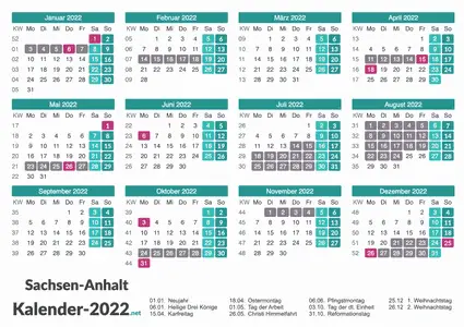 Ferien 2022 + Feiertage zum Ausdrucken - Sachsen-Anhalt Vorschau