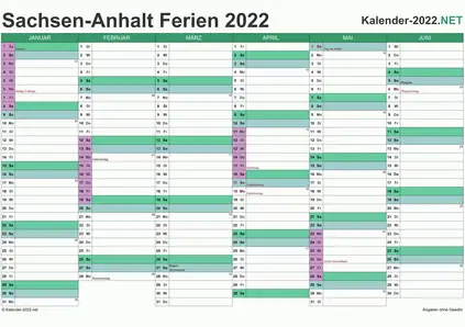 Vorschau EXCEL-Halbjahreskalender 2022 mit den Ferien Sachsen-Anhalt