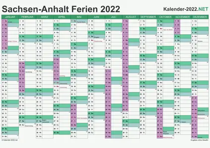 Vorschau EXCEL-Kalender 2022 mit den Ferien Sachsen-Anhalt