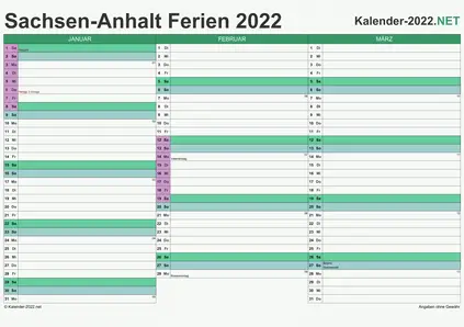 Vorschau EXCEL-Quartalskalender 2022 mit den Ferien Sachsen-Anhalt