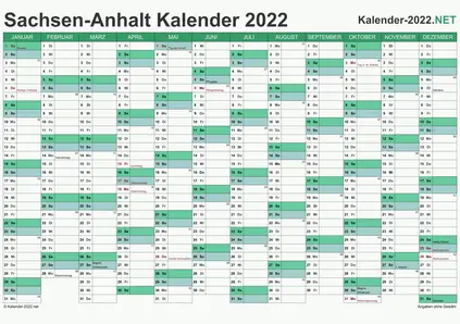 Vorschau Kalender 2022 für EXCEL mit Feiertagen Sachsen-Anhalt