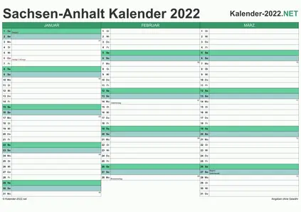 Vorschau Quartalskalender 2022 für EXCEL Sachsen-Anhalt