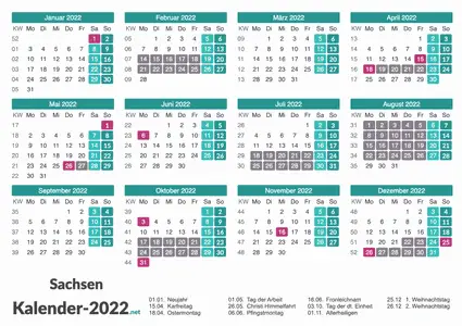 Ferien 2022 + Feiertage zum Ausdrucken - Sachsen Vorschau