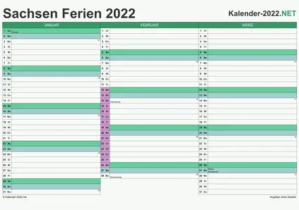 Vorschau EXCEL-Quartalskalender 2022 mit den Ferien Sachsen