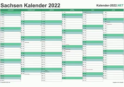 Vorschau Halbjahreskalender 2022 für EXCEL Sachsen