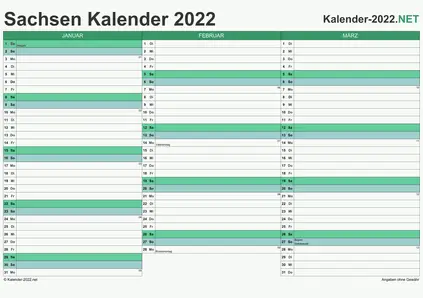 Vorschau Quartalskalender 2022 für EXCEL Sachsen