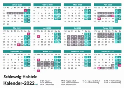 Ferien 2022 + Feiertage zum Ausdrucken - Schleswig-Holstein Vorschau