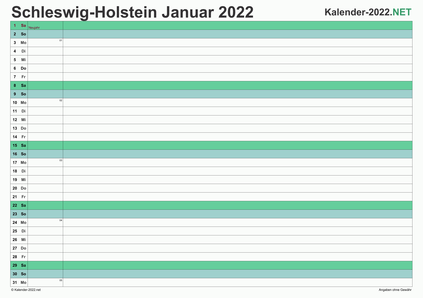 Vorschau Monatskalender 2022 für EXCEL Schleswig-Holstein