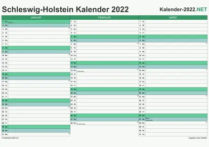 Vorschau Quartalskalender 2022 für EXCEL Schleswig-Holstein