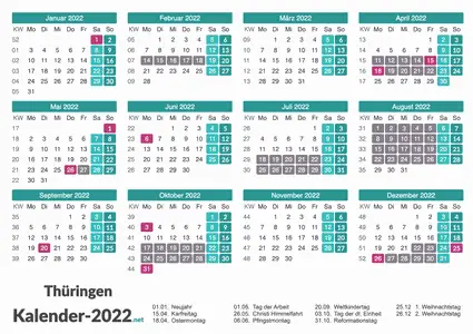 Ferien 2022 + Feiertage zum Ausdrucken - Thüringen Vorschau