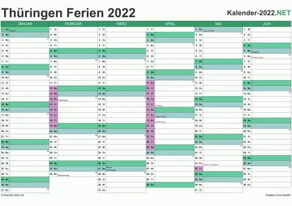 Vorschau EXCEL-Halbjahreskalender 2022 mit den Ferien Thüringen