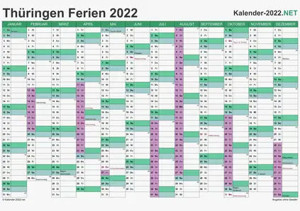 Vorschau EXCEL-Kalender 2022 mit den Ferien Thüringen