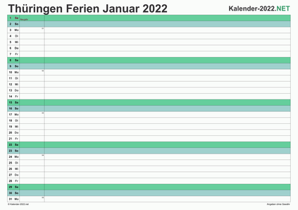 Vorschau EXCEL-Monatskalender 2022 mit den Ferien Thüringen