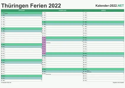 Vorschau EXCEL-Quartalskalender 2022 mit den Ferien Thüringen