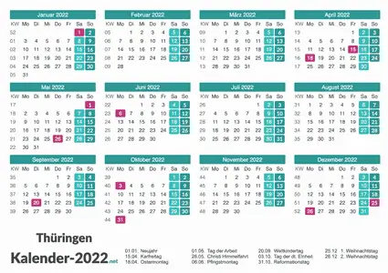 Feiertage Thüringen 2022 zum Ausdrucken Vorschau